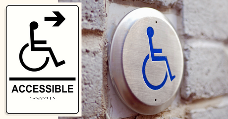 ADA accessibility signage example showing a wall-mounted wheelchair access button and a directional sign labeled “Accessible” with Braille and a right arrow. Highlights compliance with Americans with Disabilities Act signage requirements.