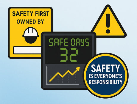 Digital graphic promoting the MaxSafety white paper "Building a Culture of Safety," featuring icons of checklists, dashboards, and signage to represent workplace safety engagement, accountability, and OSHA compliance.