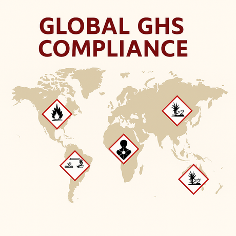 Flat vector graphic titled "Global GHS Compliance" showing a simplified world map with regional hazard pictograms and labeling elements for international chemical safety standards.
