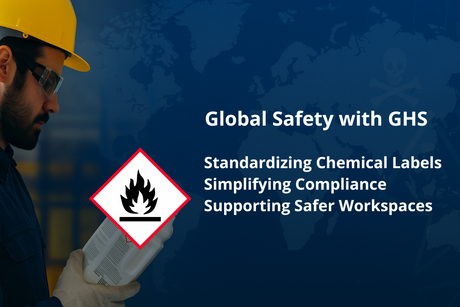 Worker holding chemical container with GHS label, promoting global safety and compliance in blog graphic.