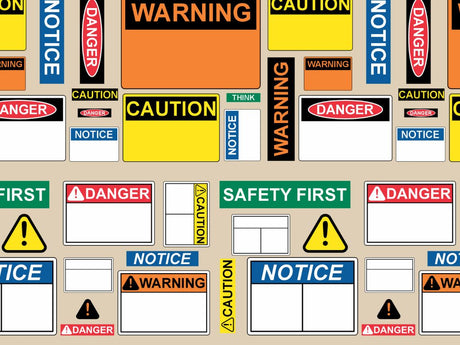 ANSI and OSHA-style safety sign templates with DANGER, WARNING, CAUTION, and NOTICE headers in various sizes for workplace compliance.